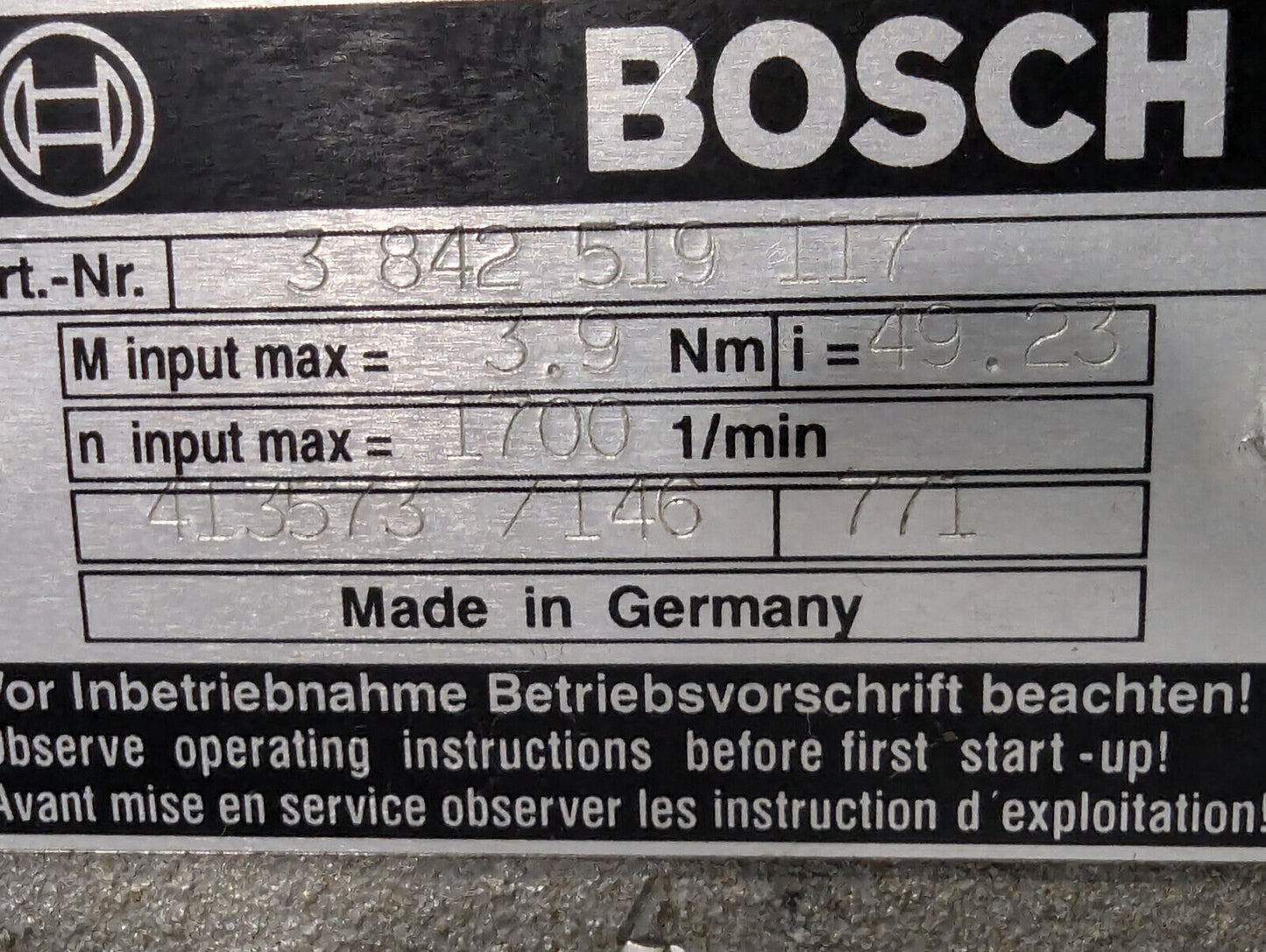 Bosch 3-842-519-117 Gear Box, 1700 rpm, 3.9 Nm -Made in Germany- Free Shipping