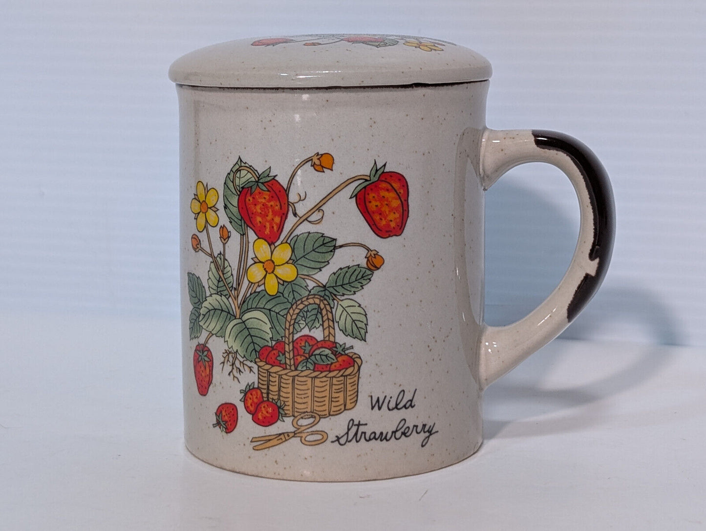 Vintage 1970s Covered, Lid, Coffee, Tea Mug Wild Strawberry, Speckled Stoneware
