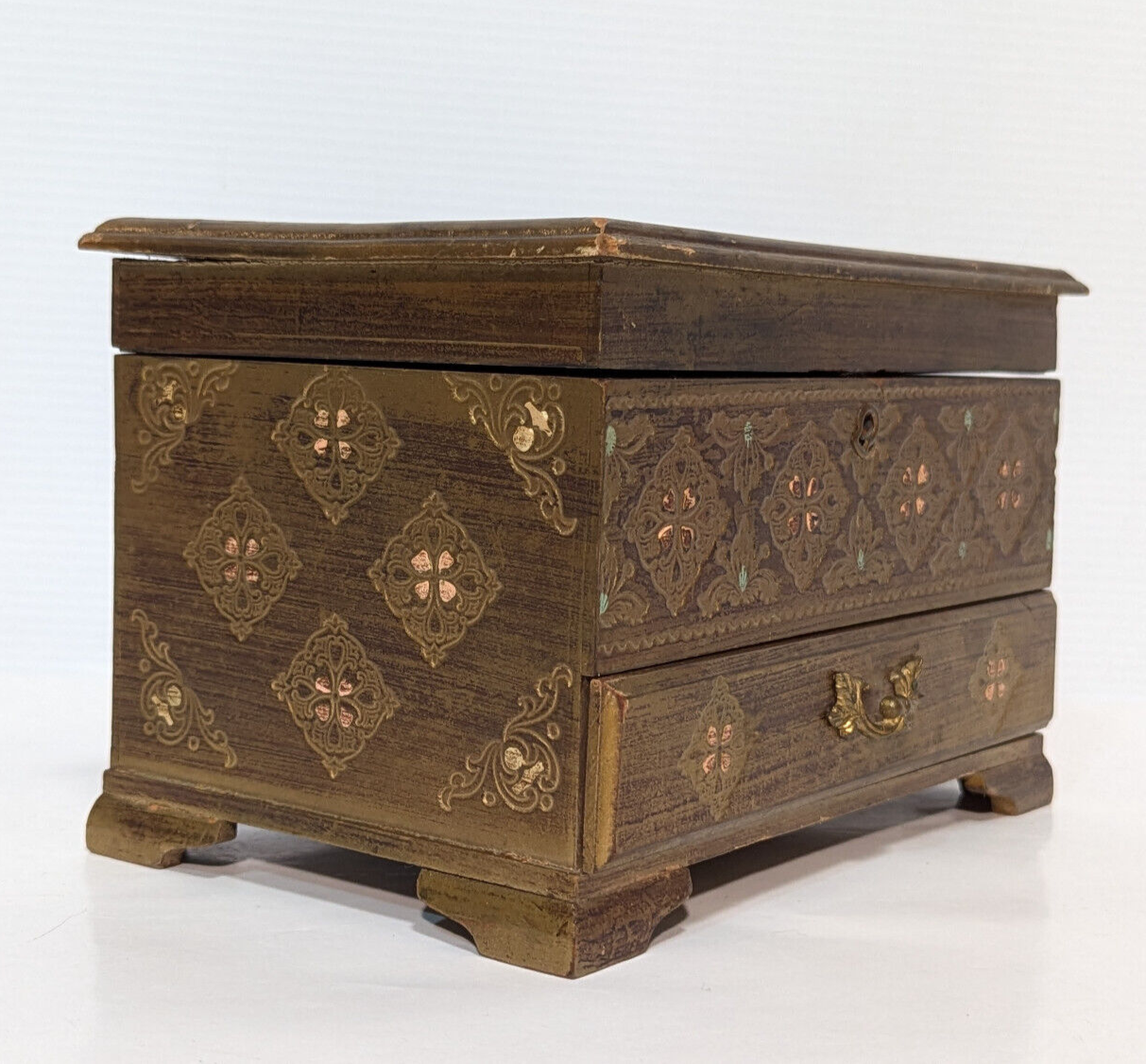 Vintage 1960s Gold Florentine Royal Sealy Wooden Drawer Chest Mirror Jewelry Box
