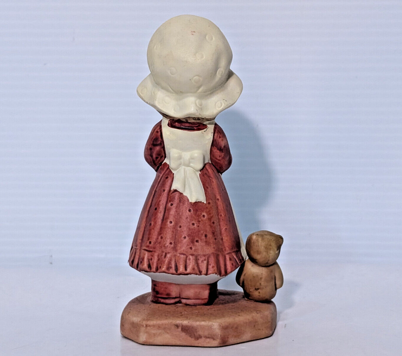 Vintage Ceramic Figurine Girl, Teddy Bear, Chores, Bonnet, Holly Hobbie, 1970s
