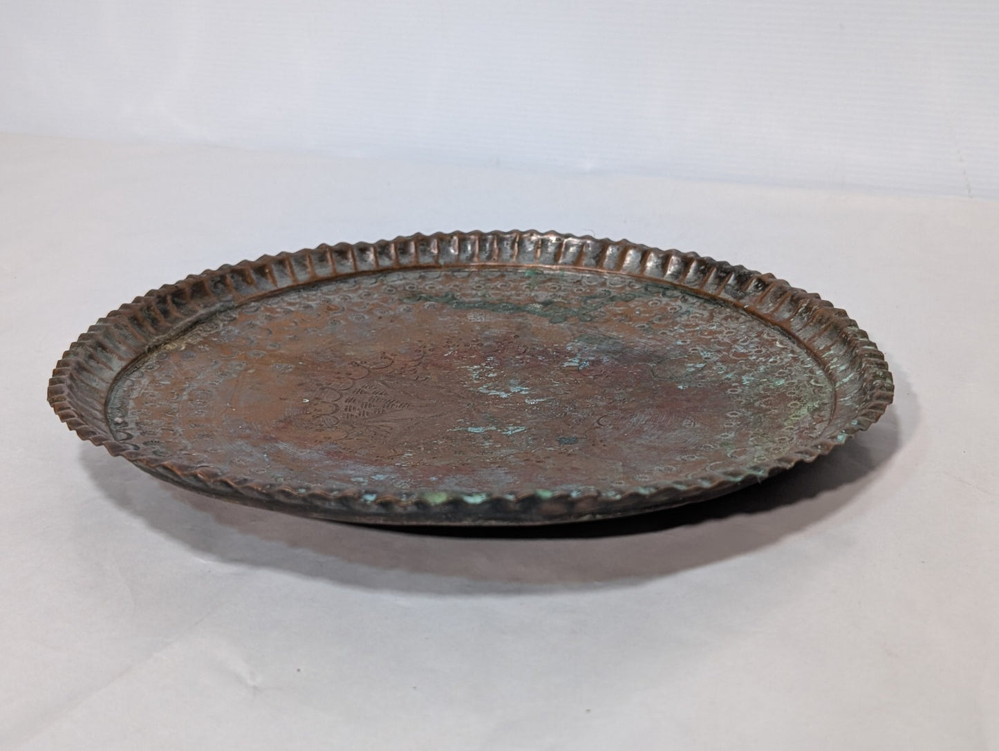 Vintage Hammered + Etched Copper Tray, Possibly Persian or Syrian, 13" Diameter