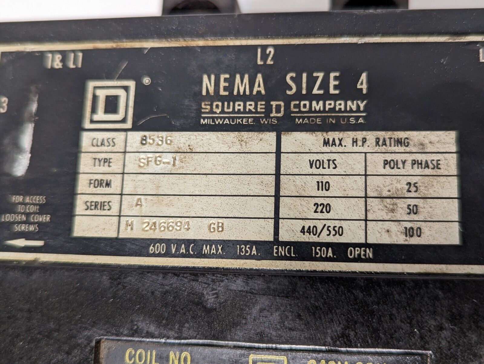 Square D 8536SFG-1 NEMA Size 4 Motor Starter, 135/150A 600VAC, 220/240VAC Coil