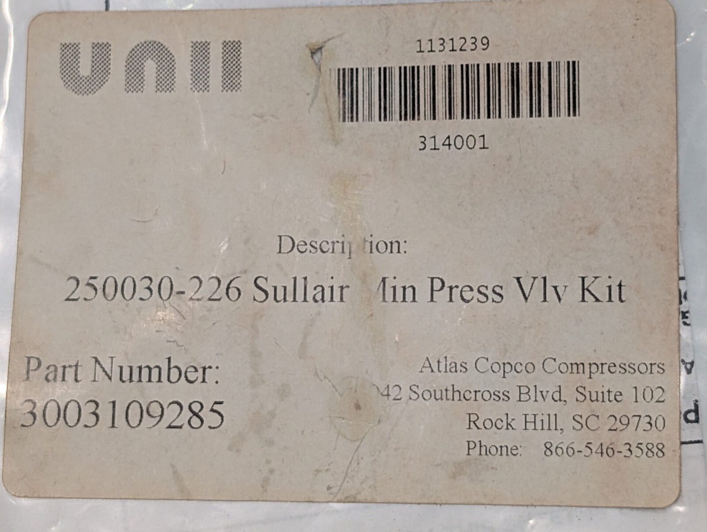 Sullair 250030-226 E6E Minimum Pressure Valve Kit Viton Check