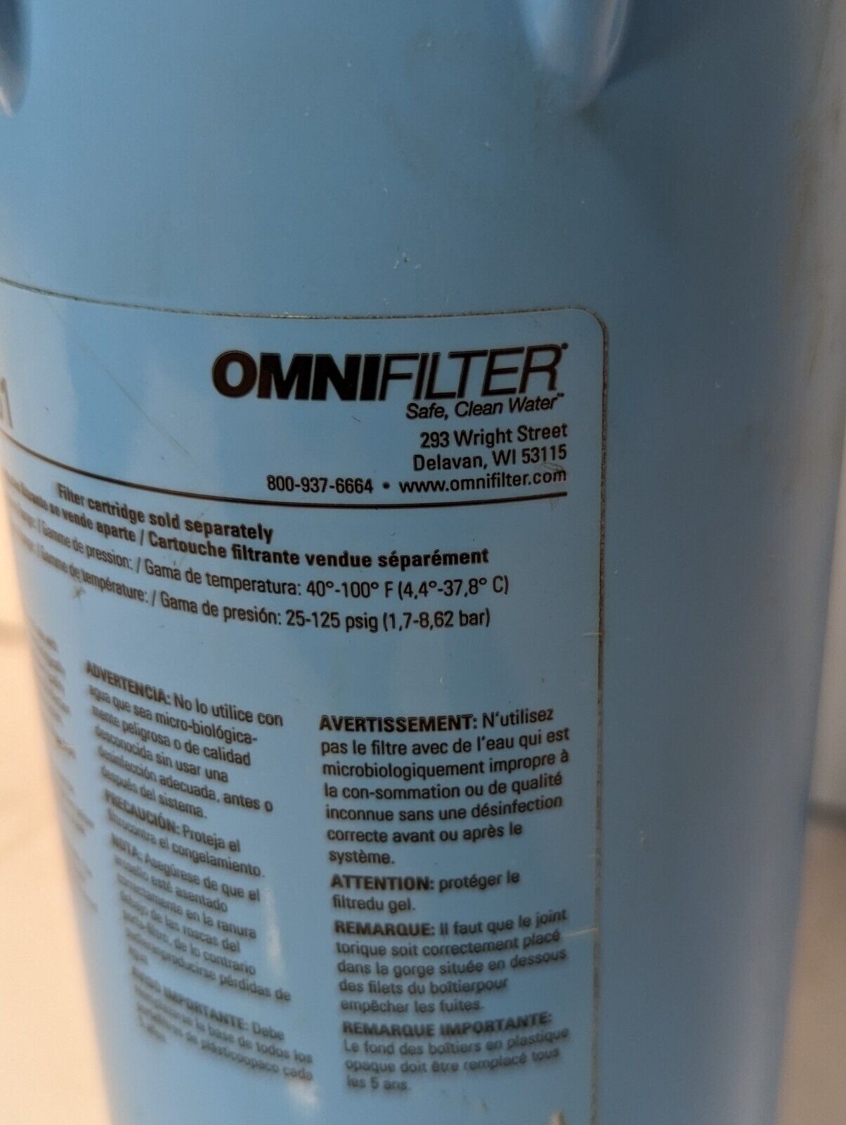 Lot of 5 Omnifilter water filters: 2x RS1, 2x RS14, 1x RS19, 1x OB1 filter housi