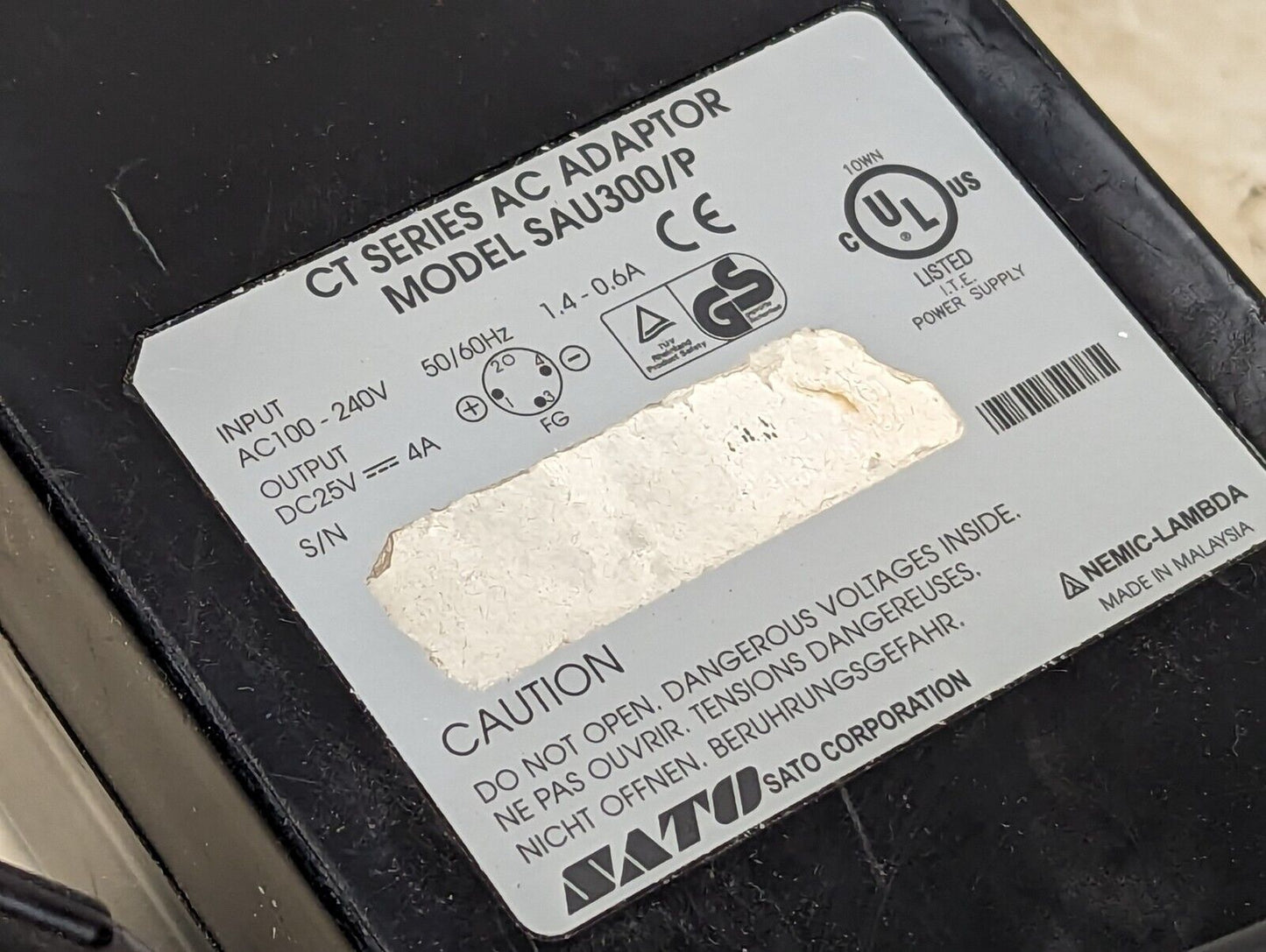 SATO SAU300/P AC power adaptor, CT series, input 100-240VAC, output 25VDC, 4A