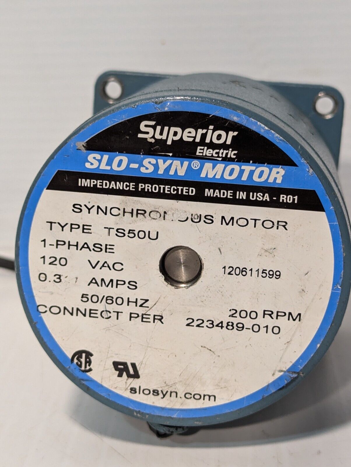 Superior Electric TS50U Synchronous Motor, 120VAC, 1 phase, 0.3A, 50/60RPM