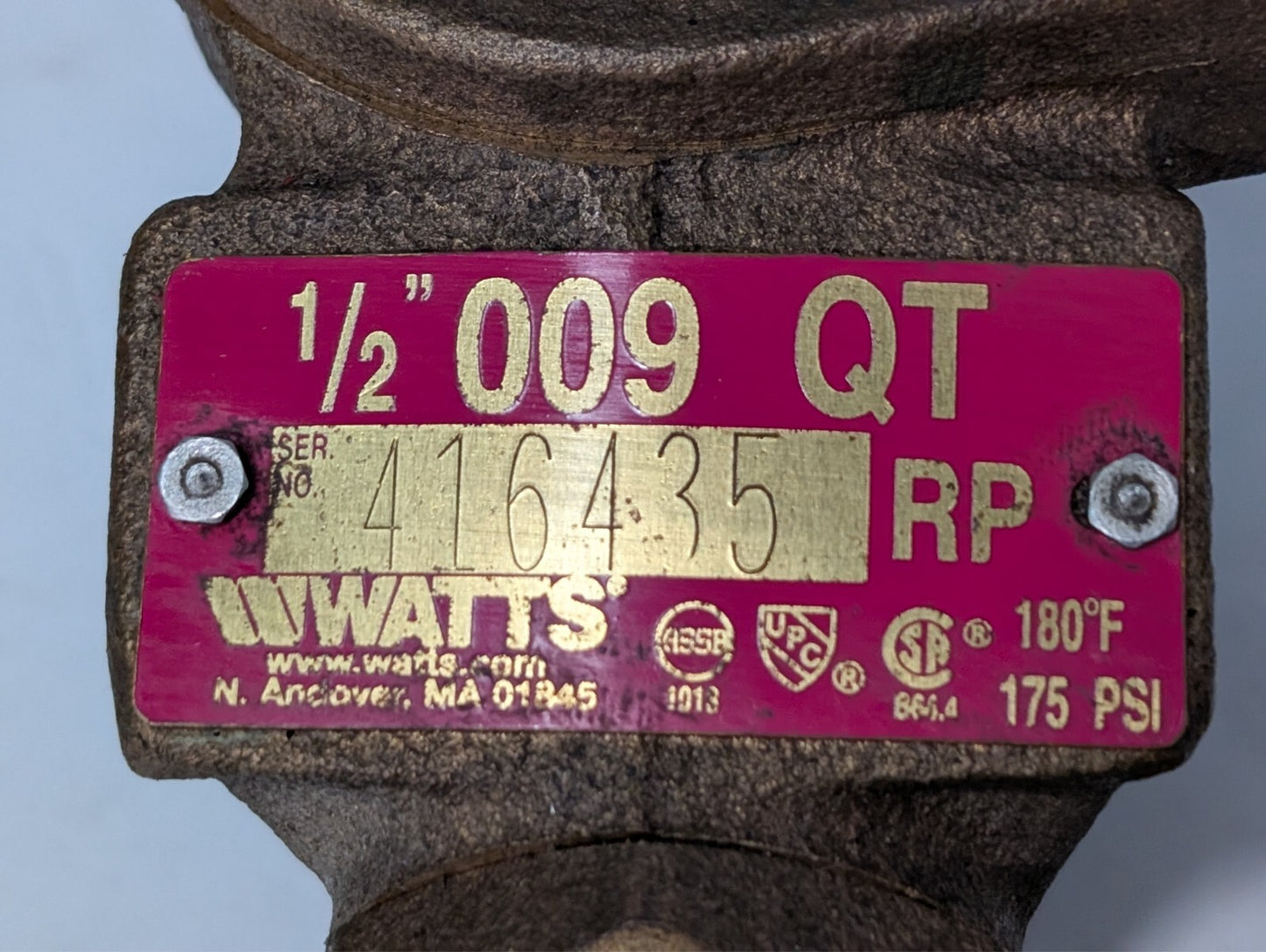 Watts 1/2" 009 QT Reduced Pressure Zone Assembly Backflow Preventer
