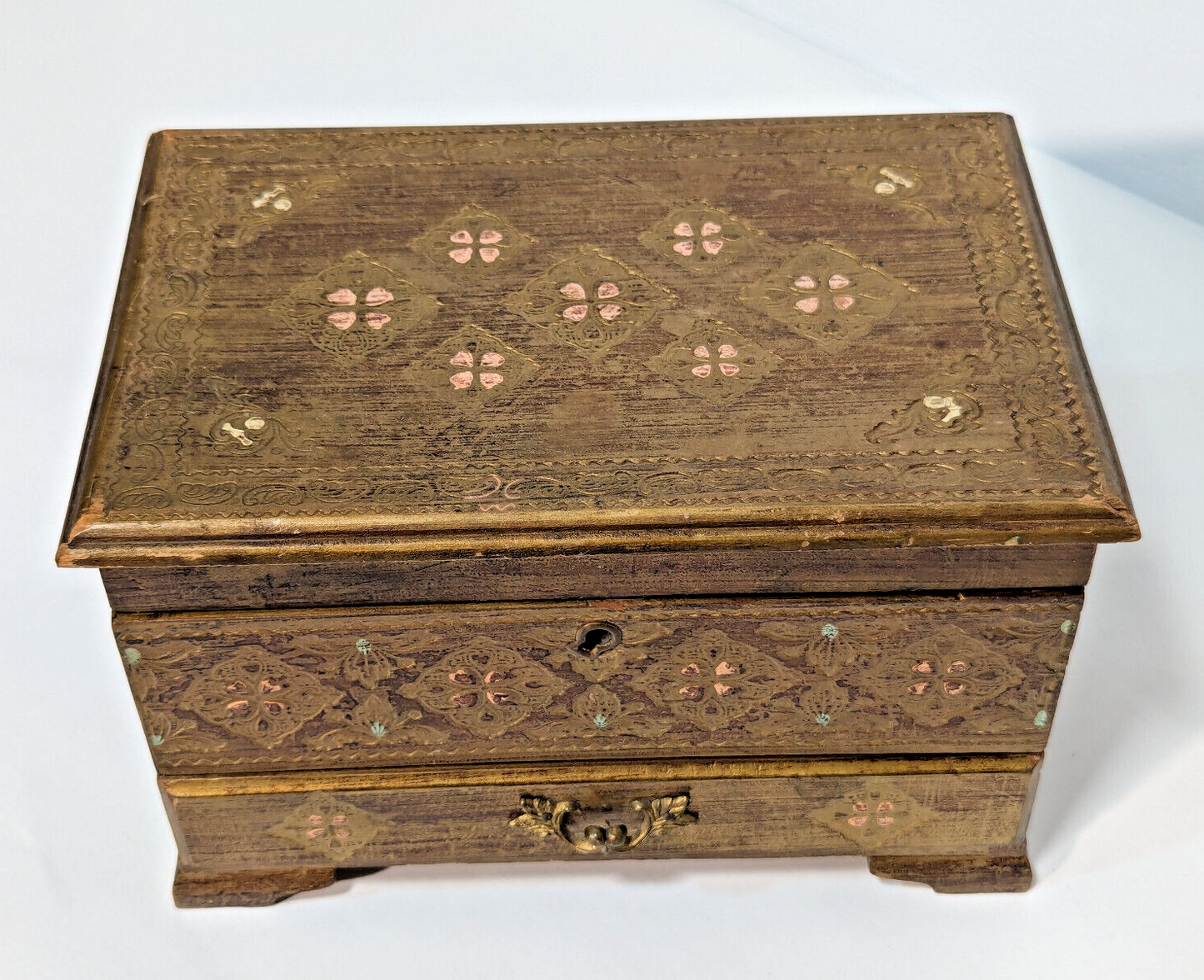 Vintage 1960s Gold Florentine Royal Sealy Wooden Drawer Chest Mirror Jewelry Box