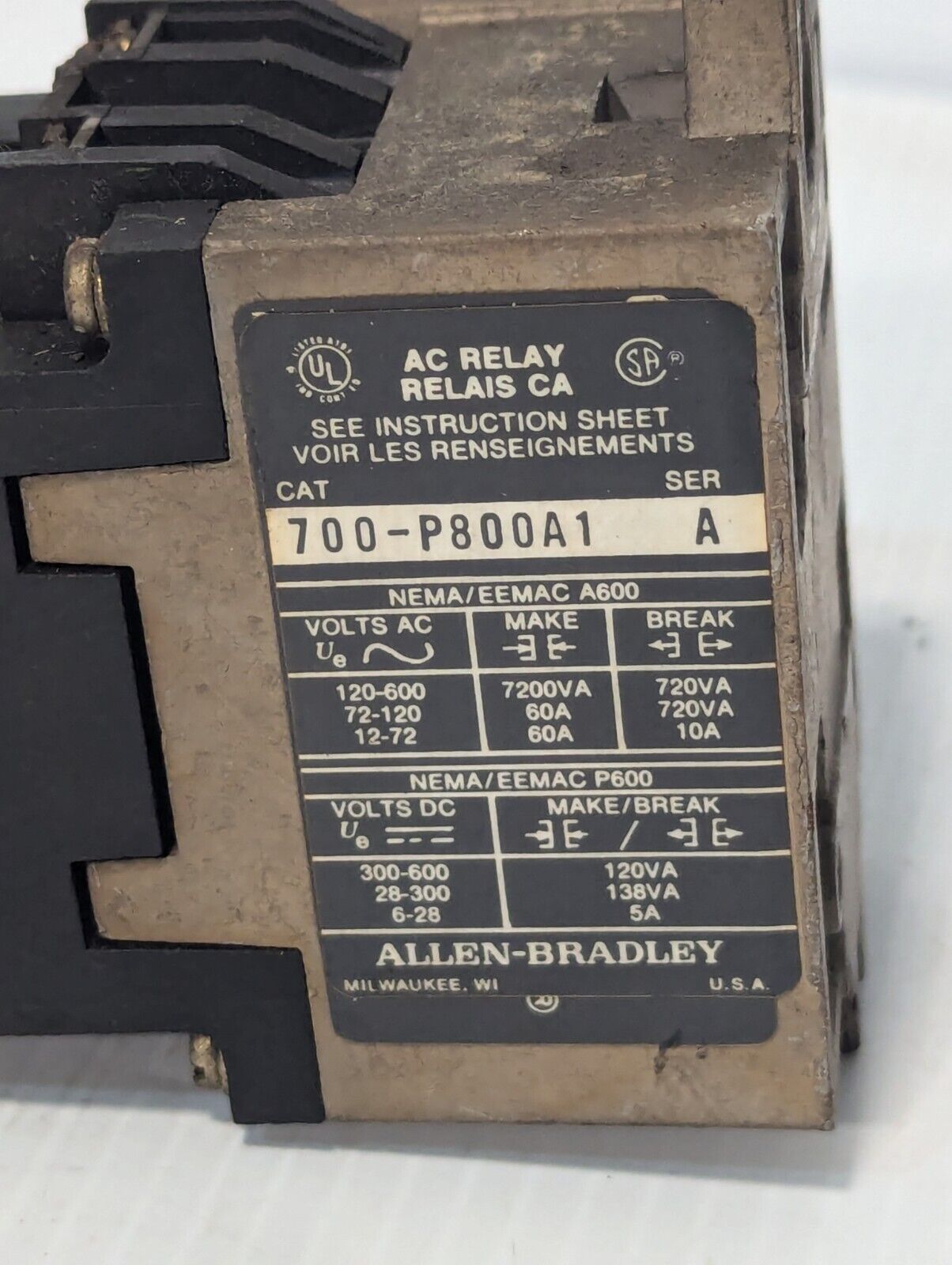 Allen Bradley 700-P800A1 AC Relay, 110\120v @ 60Hz, 4 Pole, NEMA P600, Series A