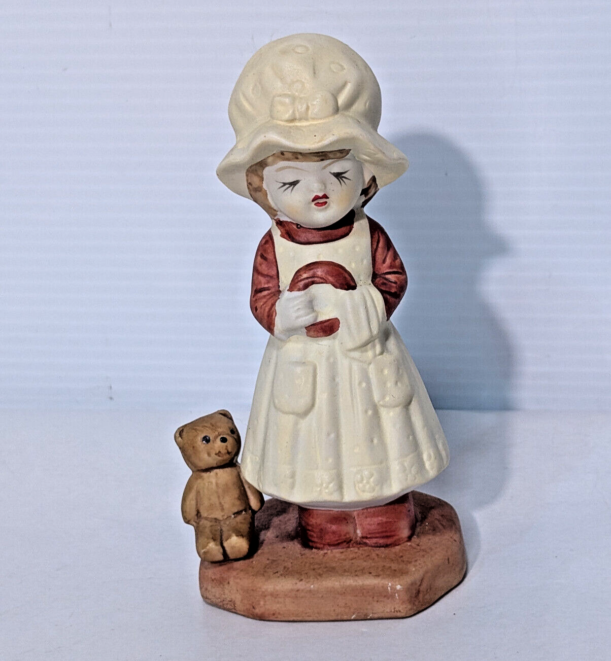 Vintage Ceramic Figurine Girl, Teddy Bear, Chores, Bonnet, Holly Hobbie, 1970s