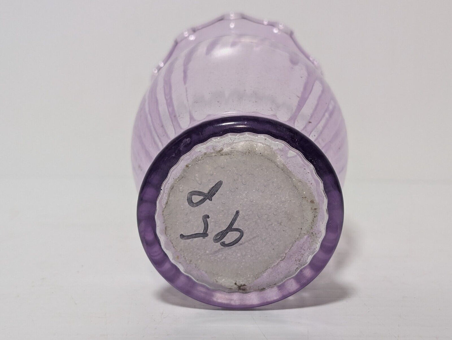 Vintage Lilac Spiral Pattern Scalloped Edge Translucent Vase, 6.5”H x 3.5"Dia.
