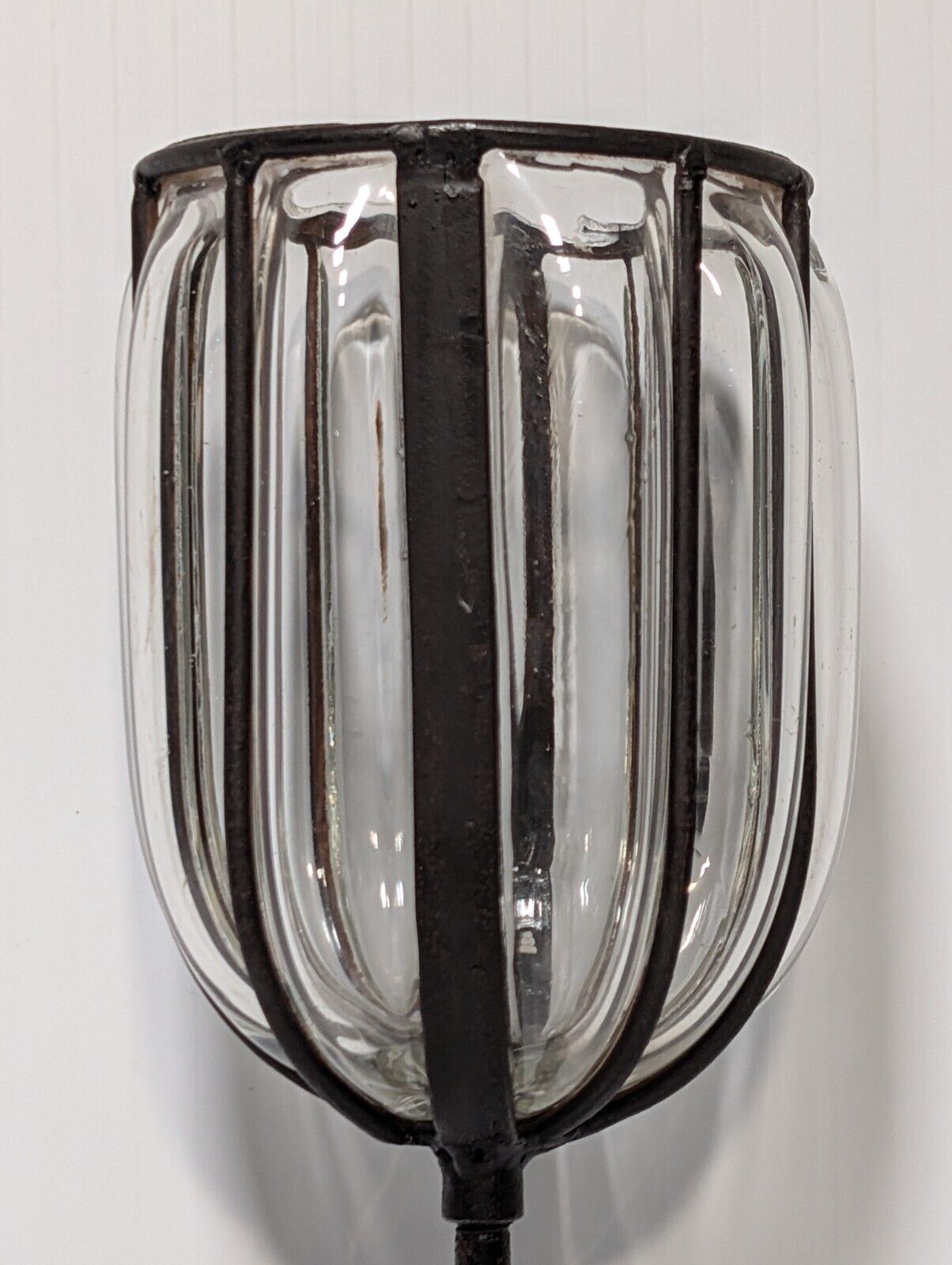 Vintage Cast Iron Candle Holder Blown Glass Cup, 12" Tall, 4" Diameter