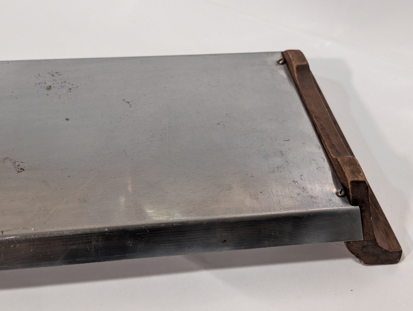 Vintage MCM Stainless Steel Serving Tray with Wooden Handles, 7-3/4" x 19"
