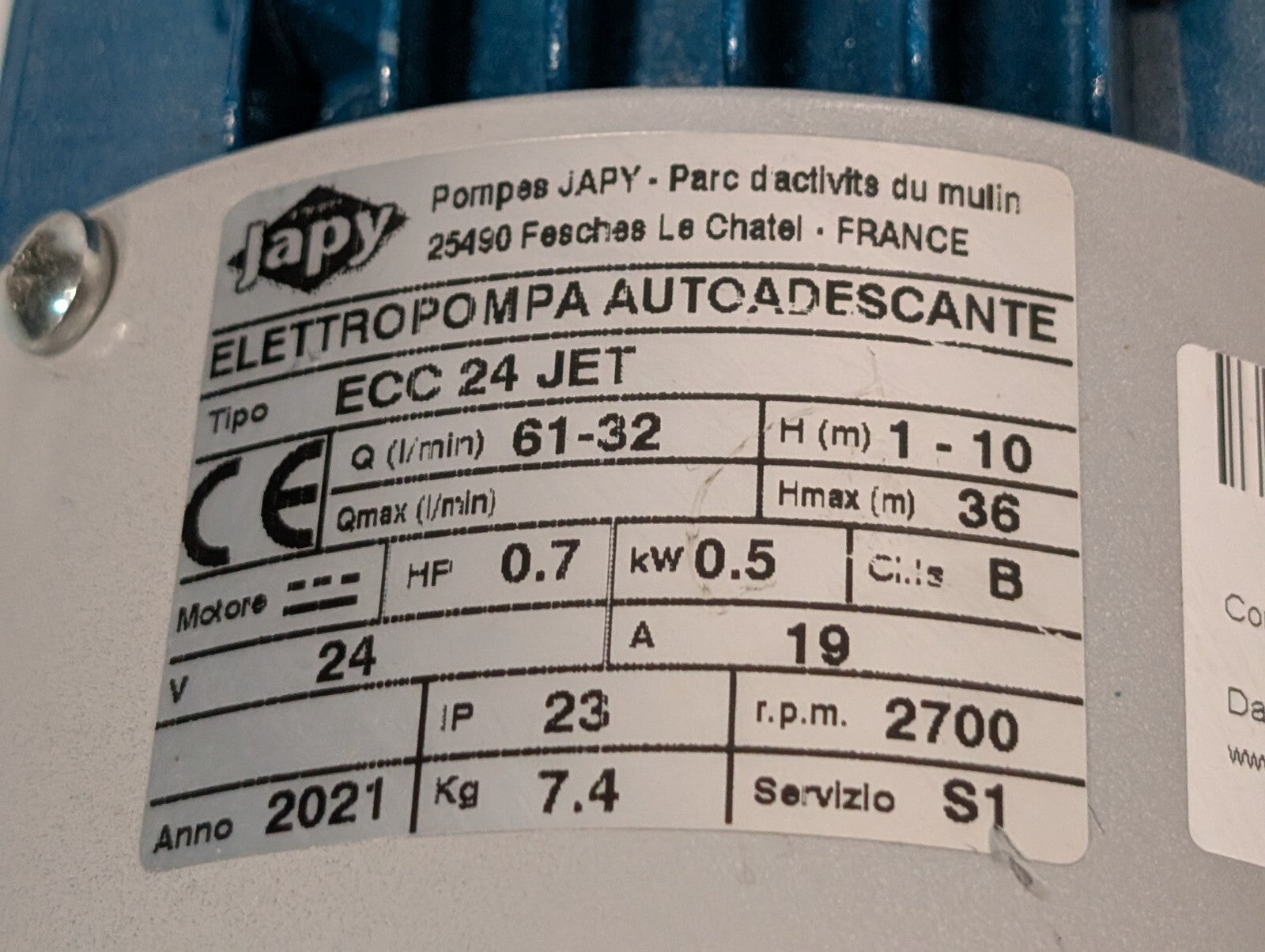 Tellarini ECC 24 JET Self-Priming Electric Pump, 0.7HP 0.5kW 2700RPM 61-32 l/min
