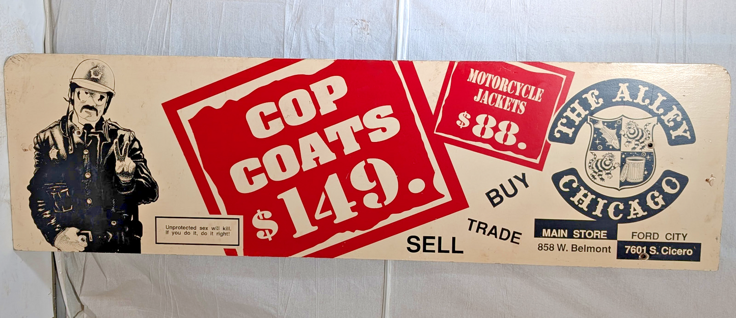 Vintage The Alley Chicago Memorabilia Bus Stop Bench Sign Cop Moto Punk Goth Ad