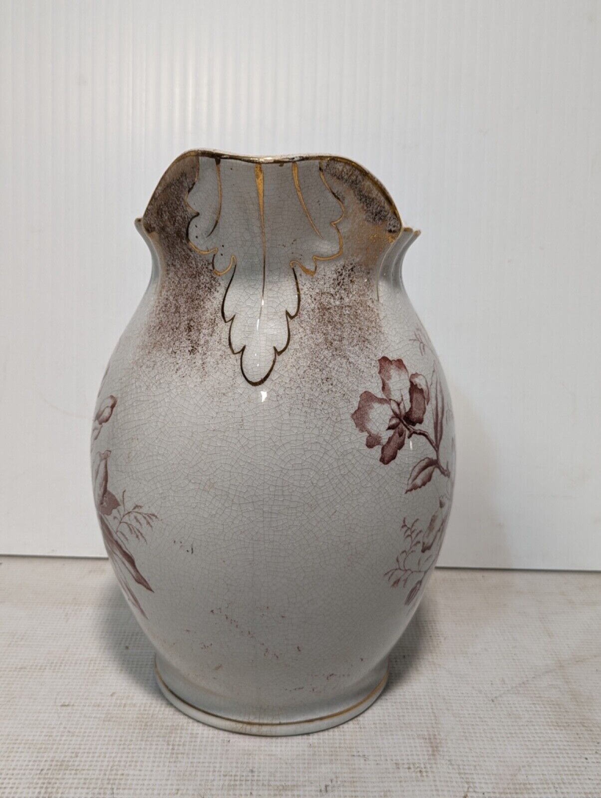 Fremont antique ceramic pitcher, White With Floral/Leaves Design