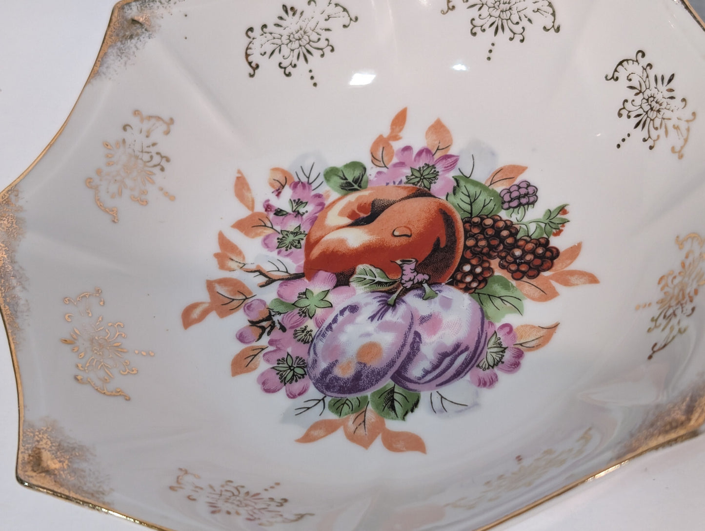 Vintage Antique Victorian Porcelain Bowl Plum Nectarine Berry Fruit Gold Tone