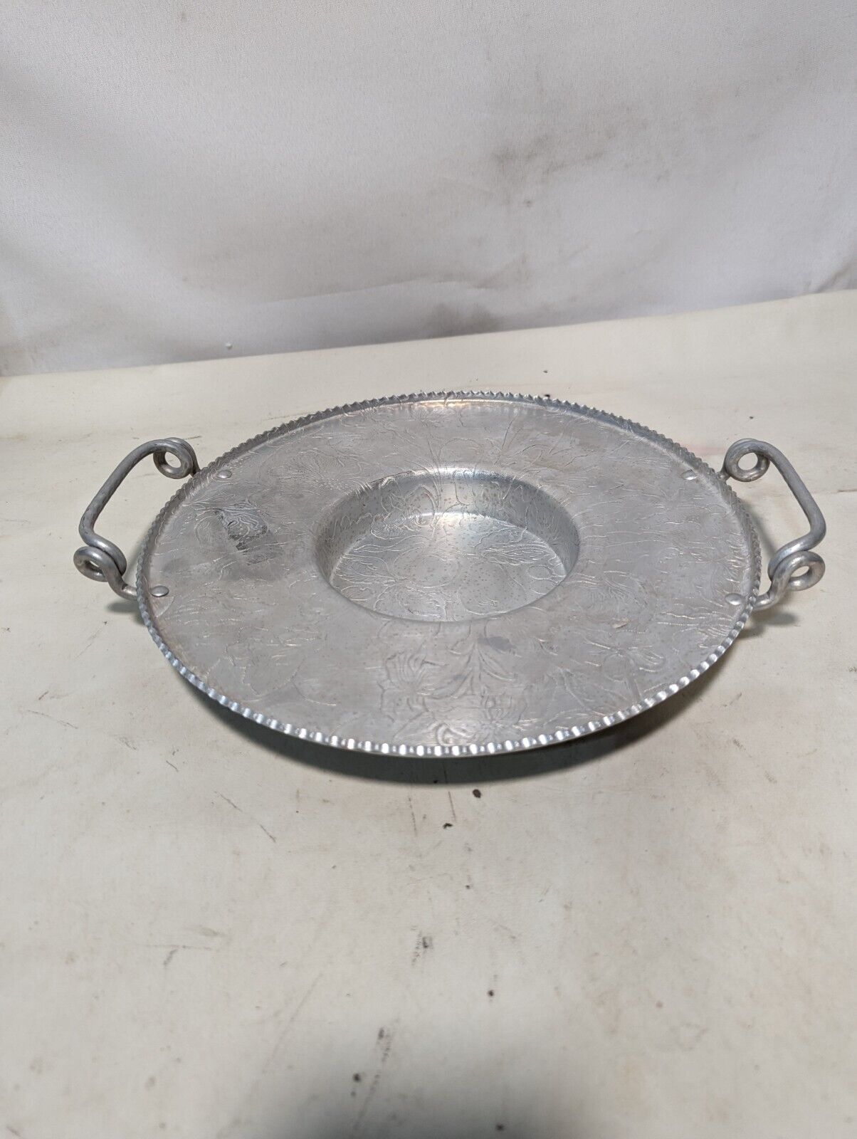 Vintage Aluminum Serving Tray with Handles, Etched w/ Floral Pattern 11.5" dia.