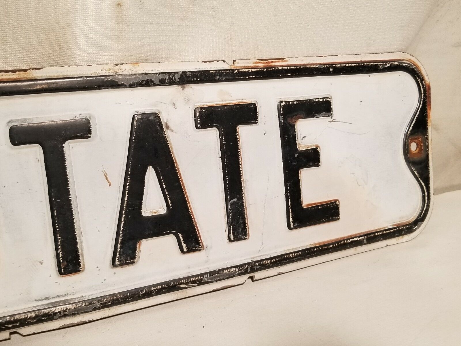 State Street Sign, North State, black and white, some rust, embossed