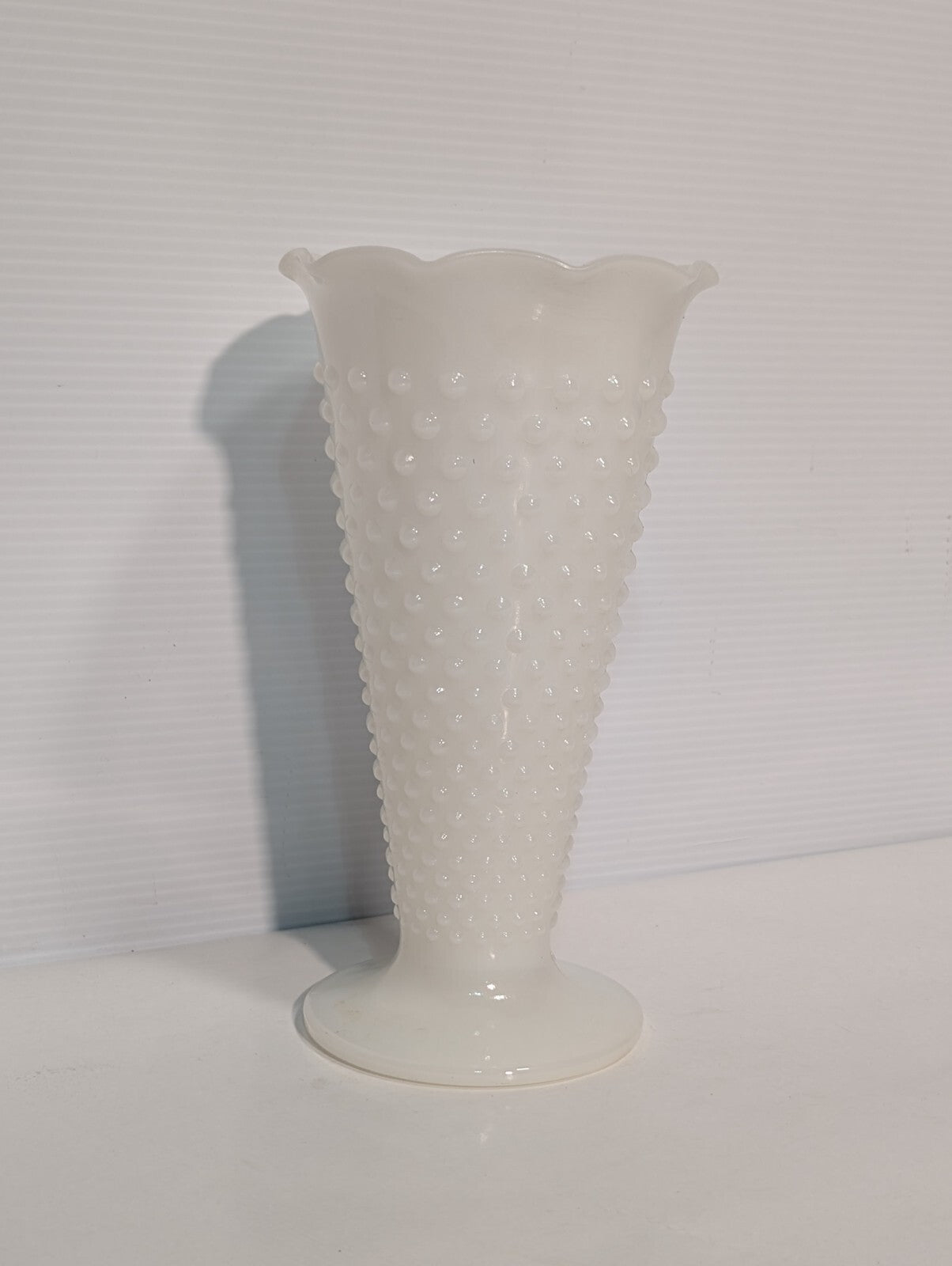 Vintage Anchor Hocking Milk Glass Hobnail Trumpet Vase Ruffled Scalloped Rim