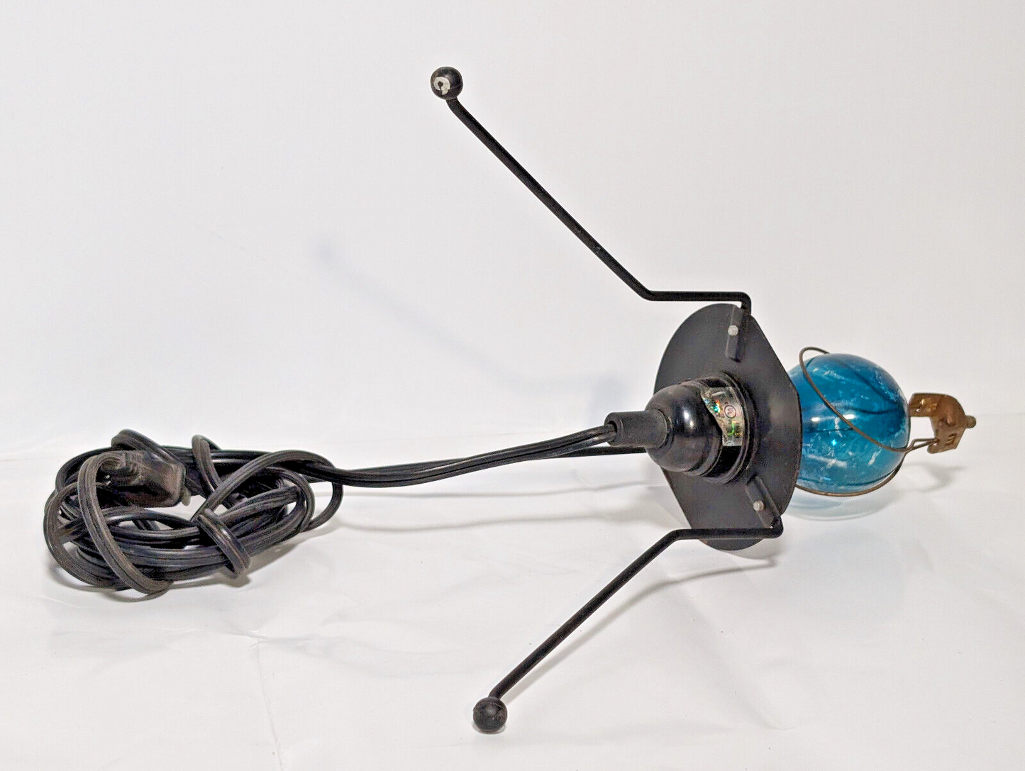 Vintage 1980s blue bulb, black metal, stilt lamp, minimalist, post-modern, pop