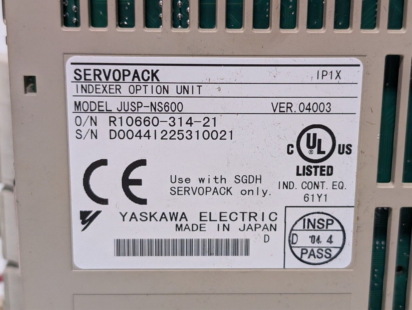 Yaskawa SGMAH-02BAF41 servo motor with SGDH-02BE servopack, CGI 023PLX0280-XX-01