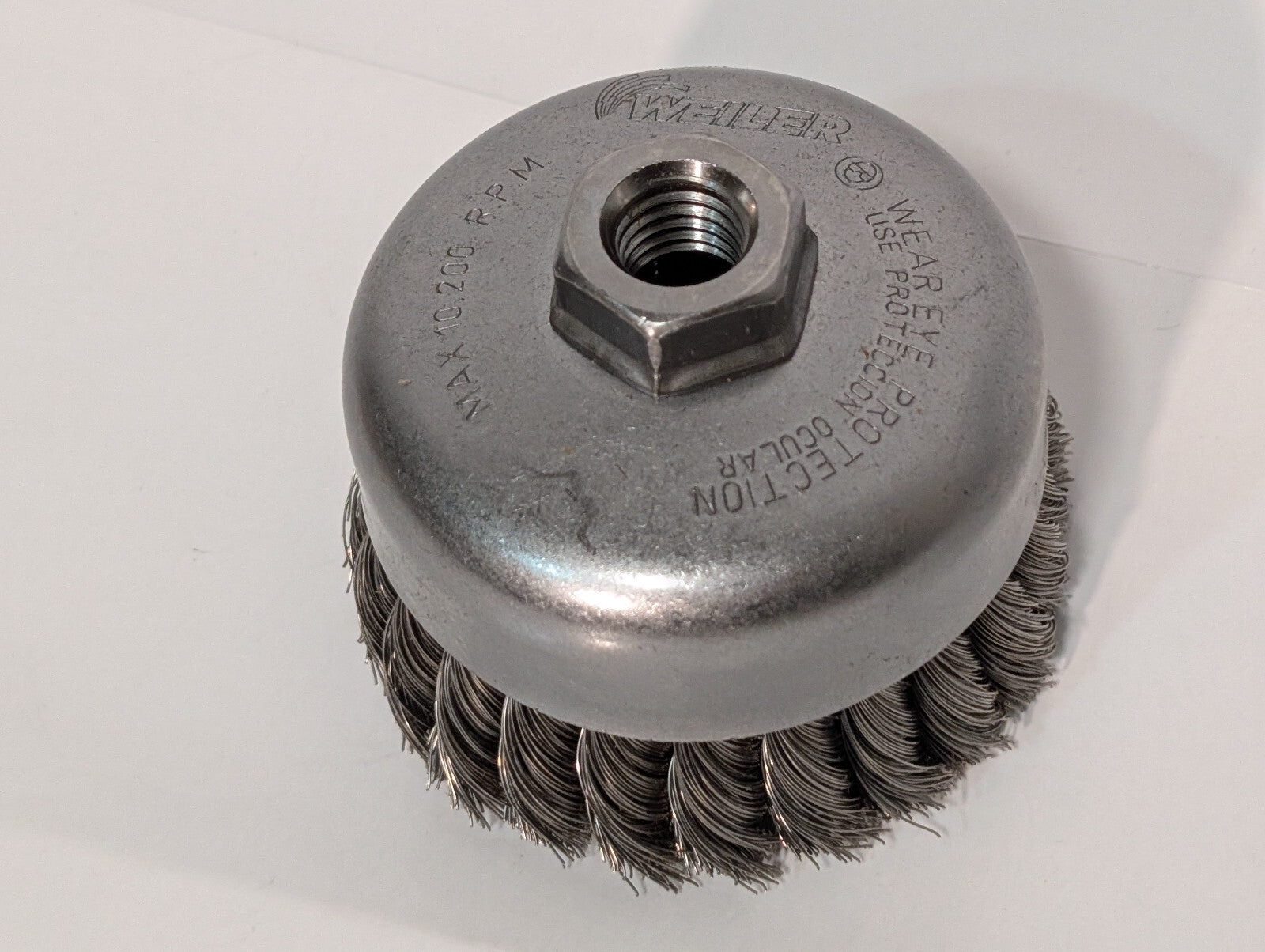 Weiler 12306 Single Row Wire Cup Brush, 4", .014 Wire, 5/8"-11 Nut, 10,200 RPM