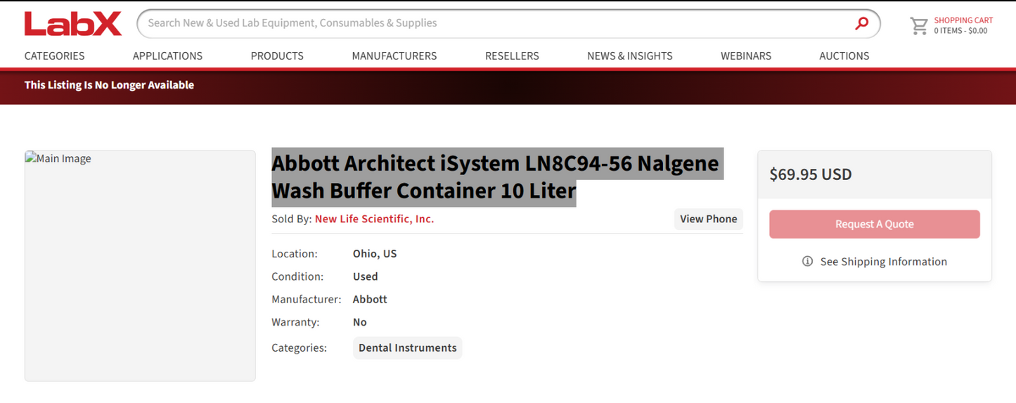 (2) Abbott Architect iSystem LN8C94-56 Nalgene Wash Buffer Container 10 Liter