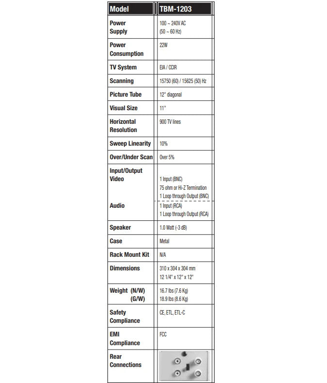 Tatung TBM-1203 Triview  B&W Surveillance Monitor, 11" Visual Screen, Metal Case