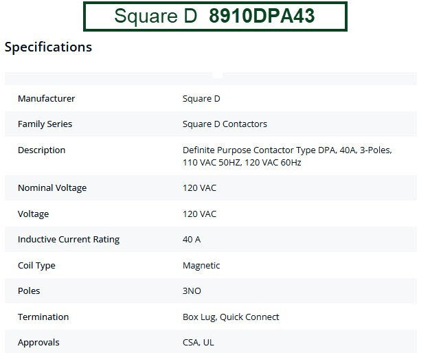 Square D 8910DPA43 Definite Purpose Contactor 50A Res, 40A, 3 Pole, Box Lug Term