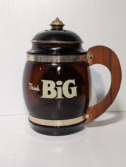 Vintage Siesta Ware "Think Big" Glass Barrel Mug Amber with Wooden Handle