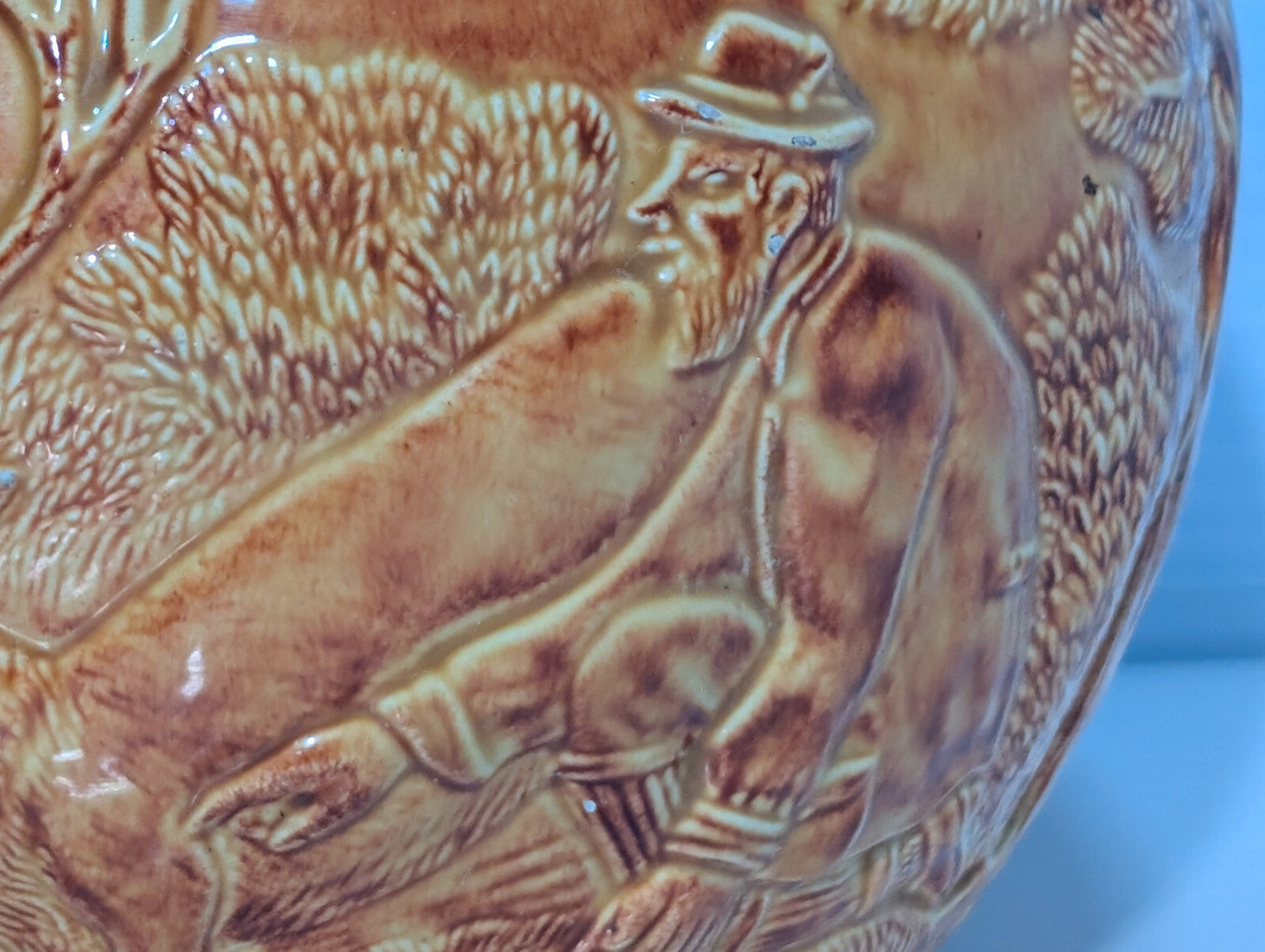 Vintage Brown Glazed Pottery Pitcher Elk, Deer, Buck, Hunters, Forest Wood Scene