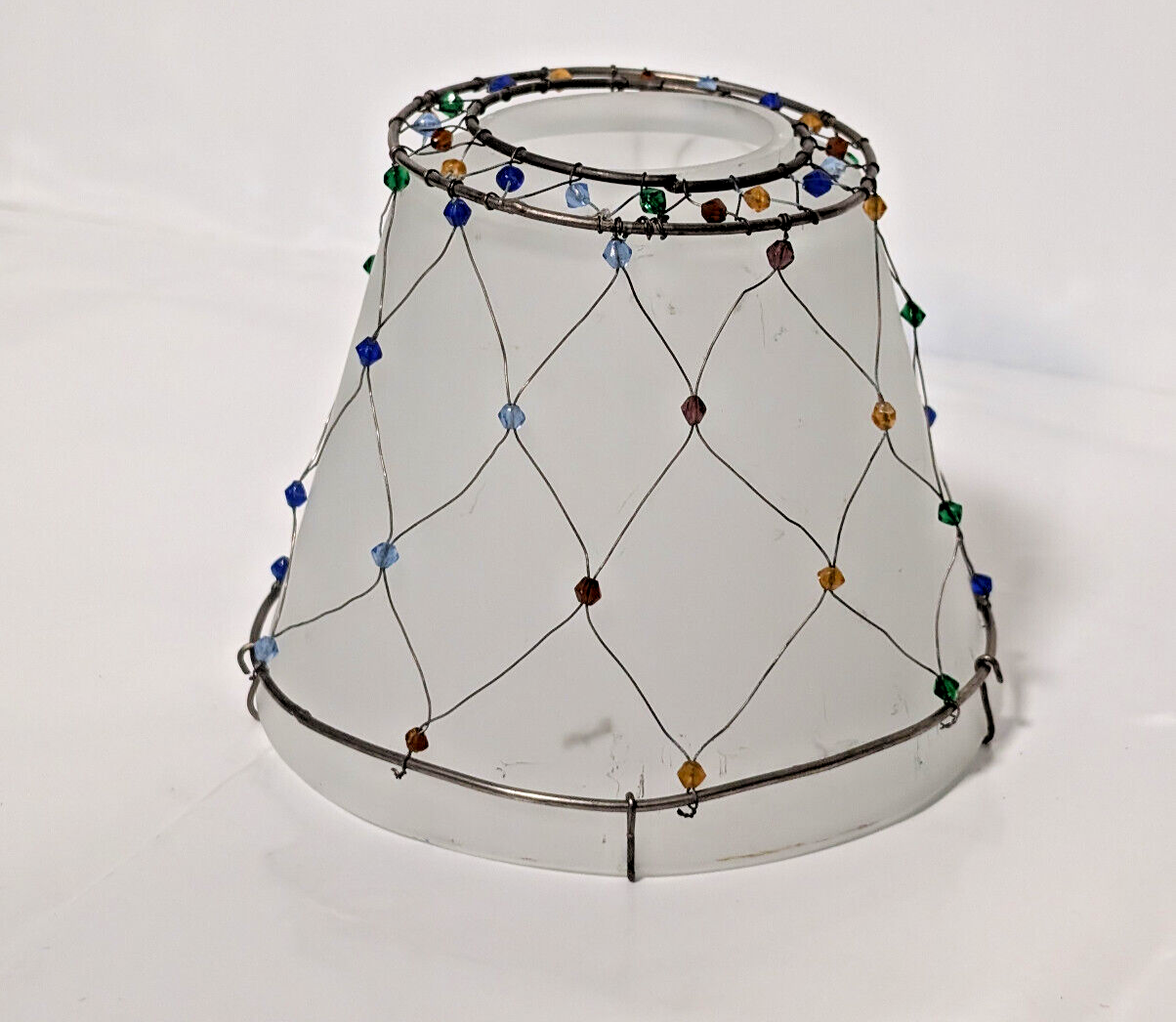 Vintage smoked glass, beaded, silver wire, lamp shade for accent lamp, 4.5"x5.5"