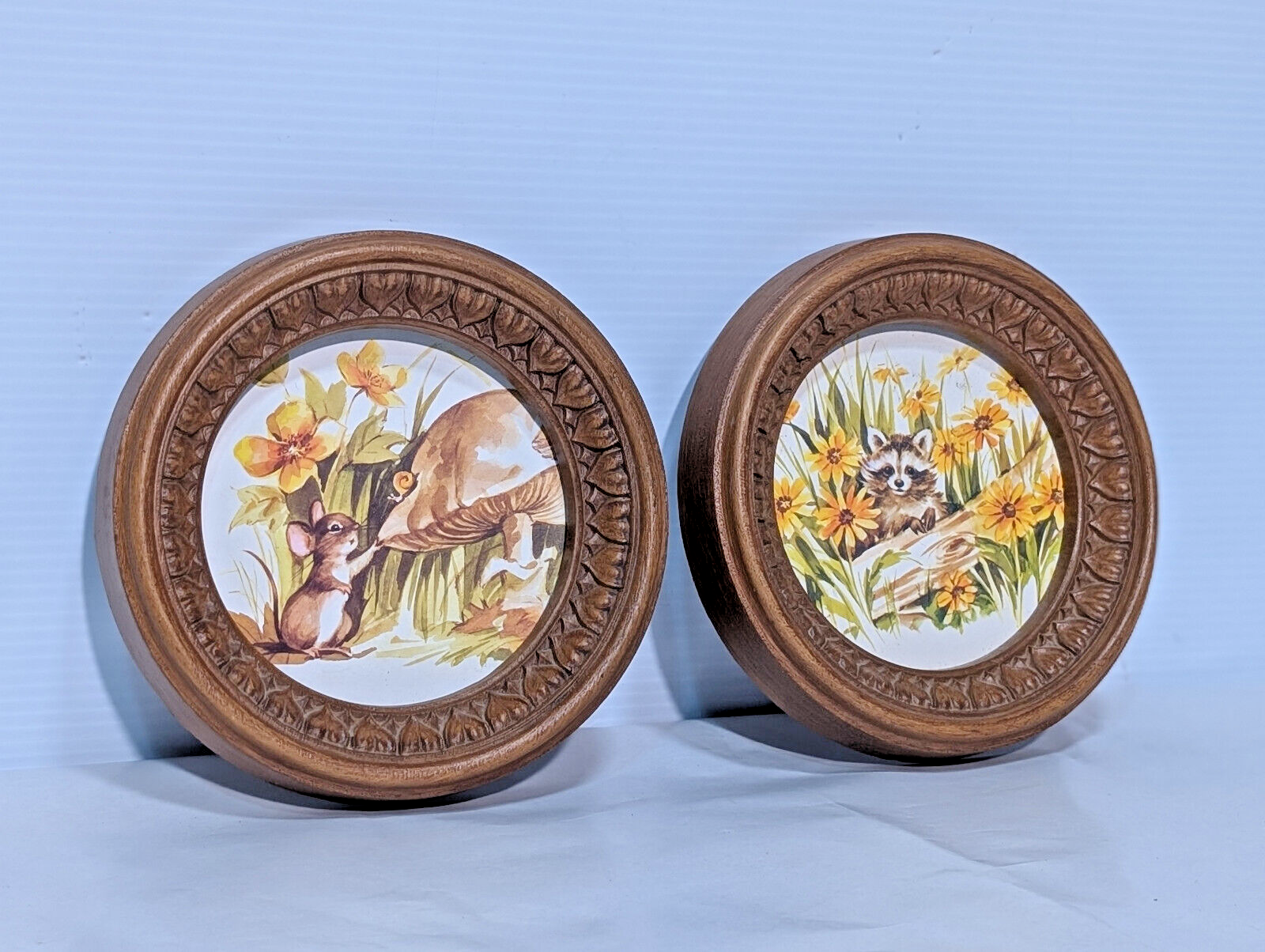 70s Vintage Round 7" Framed Art, Mushroom, Mouse, Raccoon, Woodland, Wildflowers