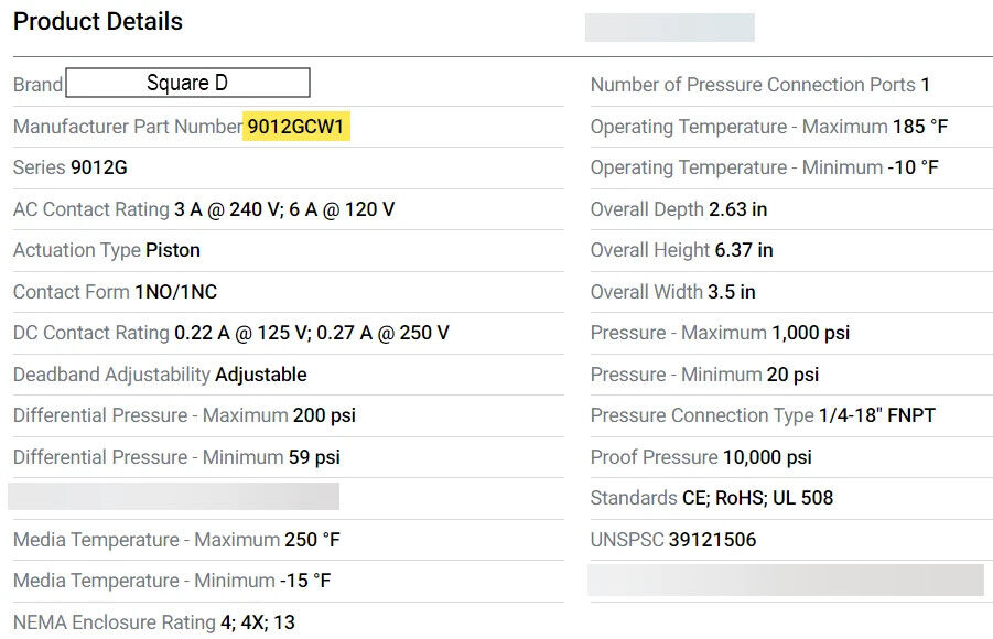 Square D 9012GCW-1 Pressure Switch / Interruptor,  20-1000psi, Ser. C -Free Ship