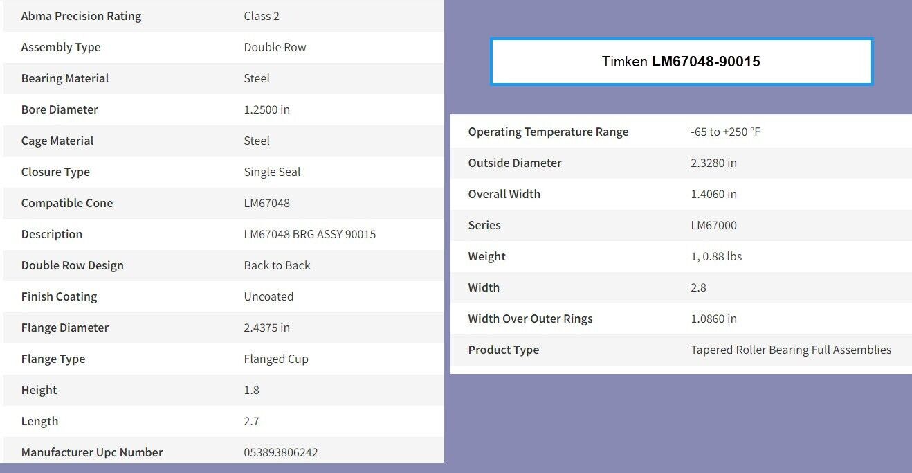 Timken LM67048-90015 Back to Back Spacer Tapered Bearing Assembly - Free Ship