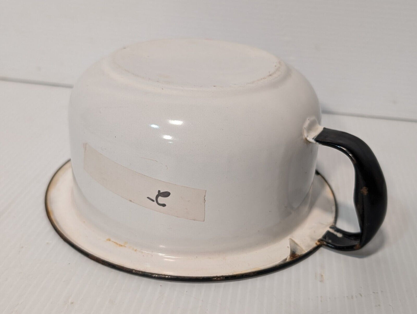 Vintage White Enamel Mug (?) with Large Lip, Black Trim, Handle - Free Shipping