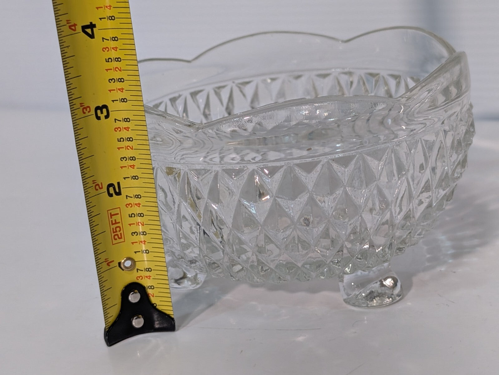 Vintage Indiana Glass Clear Diamond Point 3 Toed Candy Dish 5” x 3”