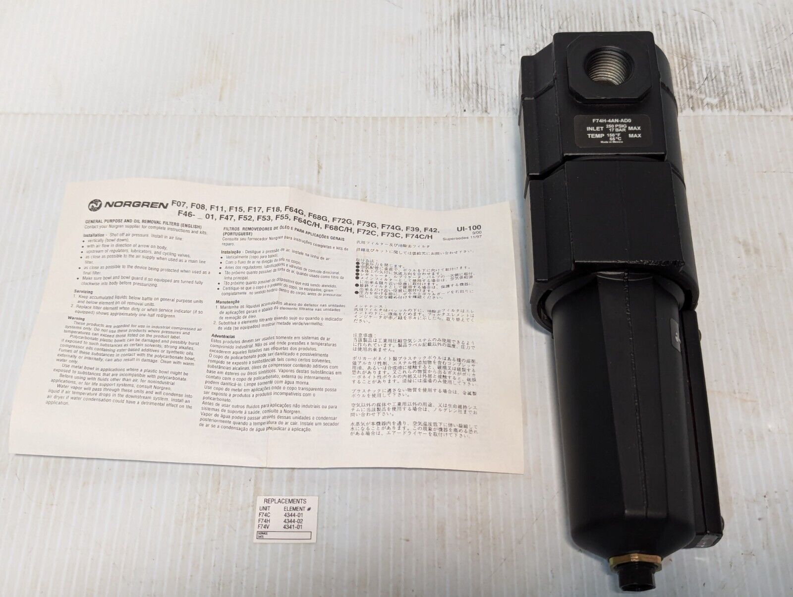 Norgren Excelon F74H-4AN-AD0 High-Flow Coalescing Filter 250psi - Free Shipping
