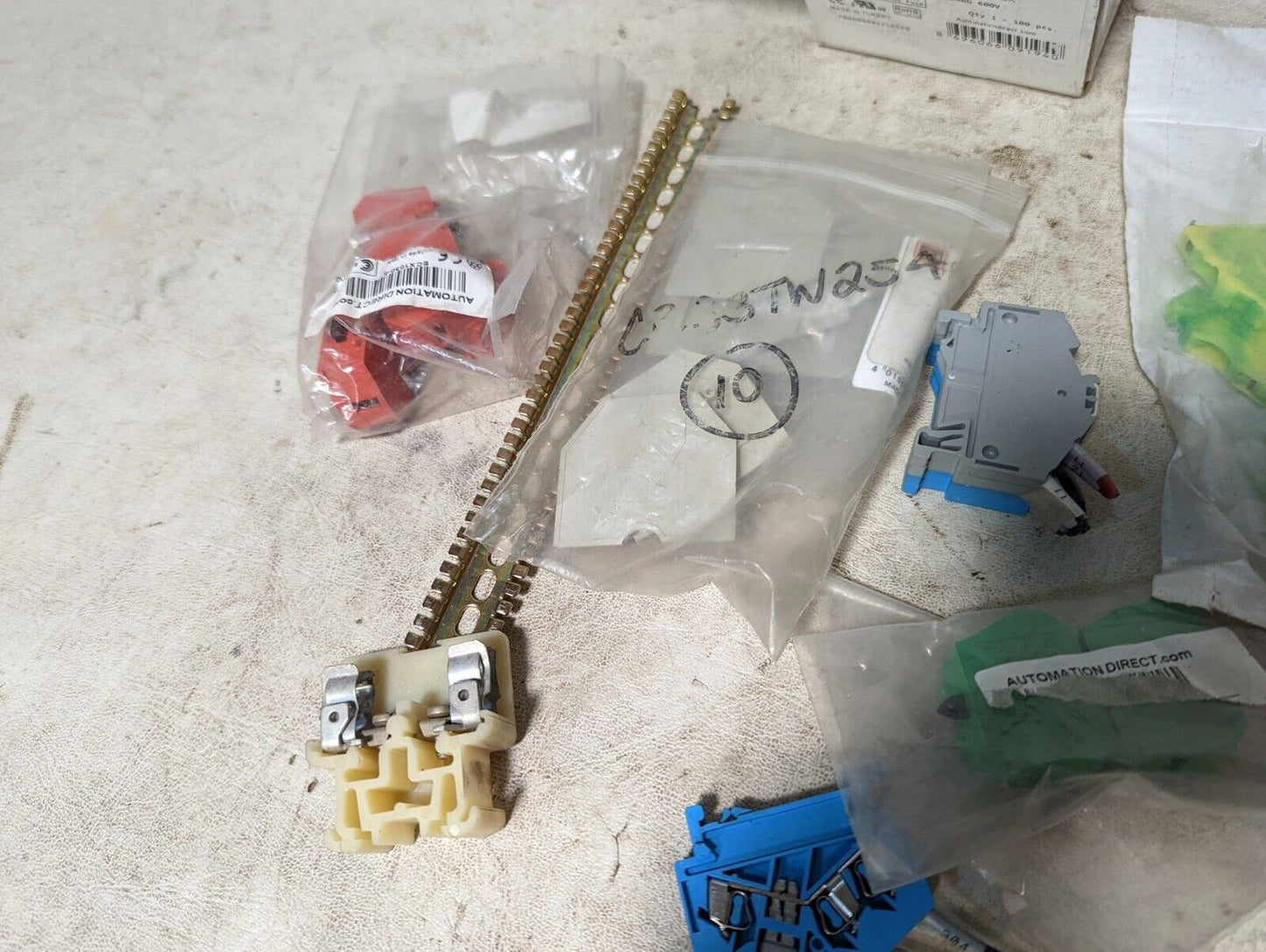 Lot of assorted terminal blocks, DIN support brackets