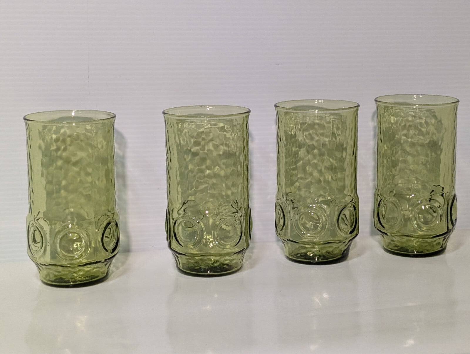 (4) Heritage Hill Green Avocado Hocking Drinking Glass Tumbler Circles Textured
