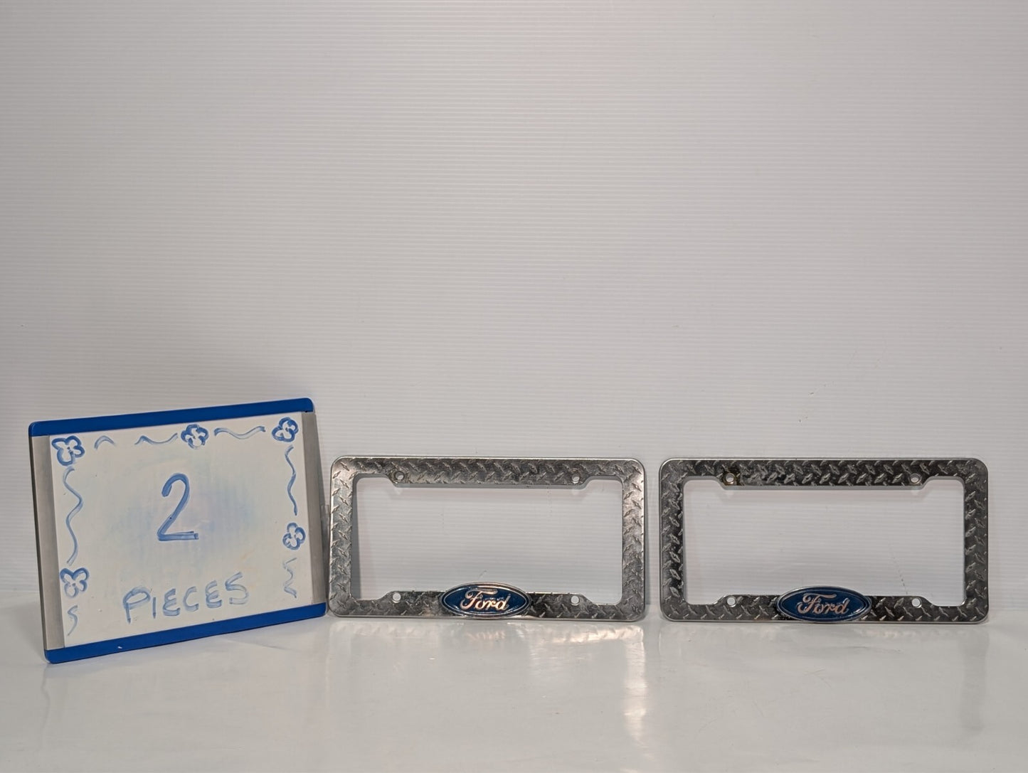 (2) Ford Metal Silver License Plate Frame Holder Metal Pattern Mustang GT Viper