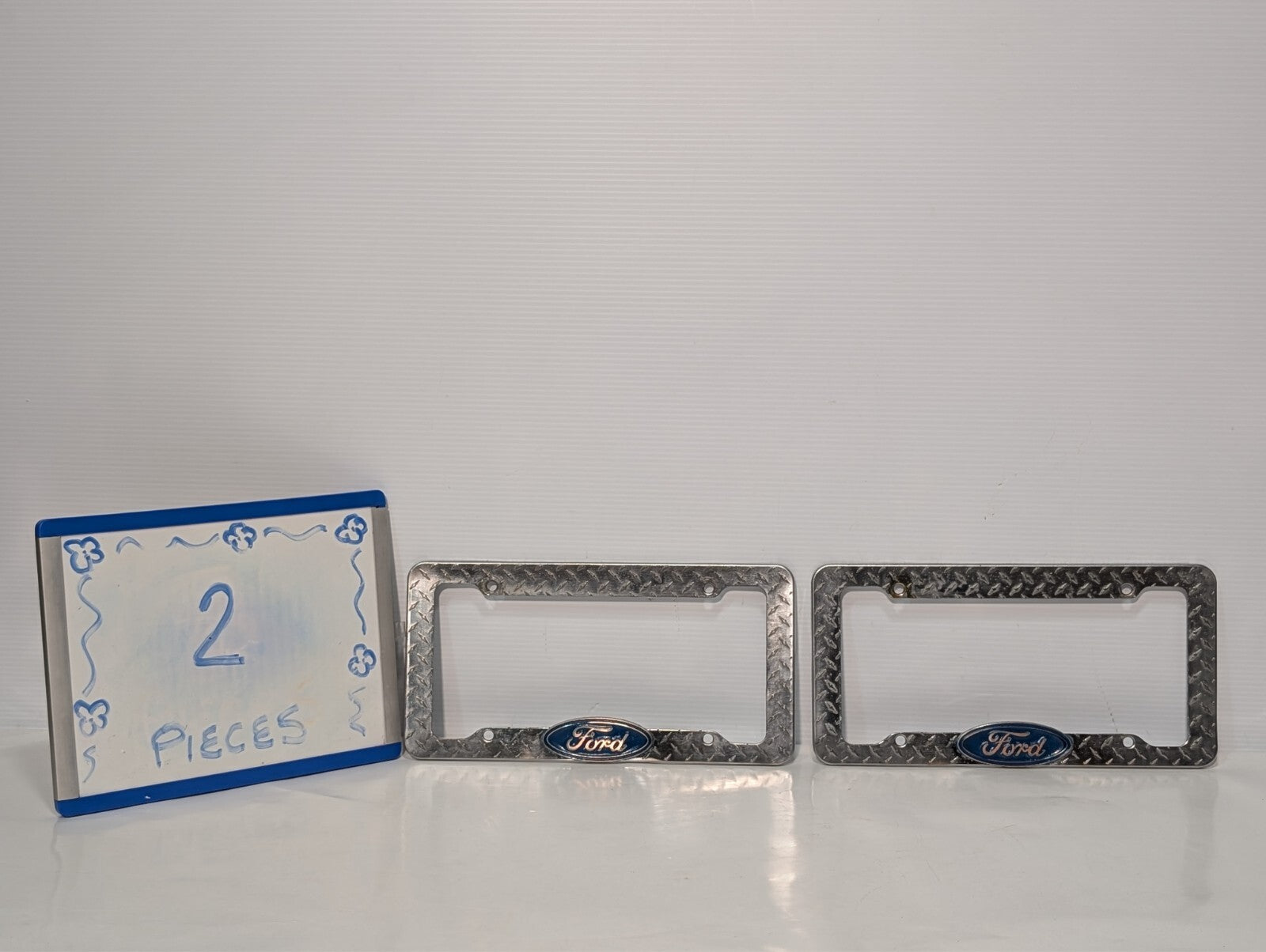(2) Ford Metal Silver License Plate Frame Holder Metal Pattern Mustang GT Viper