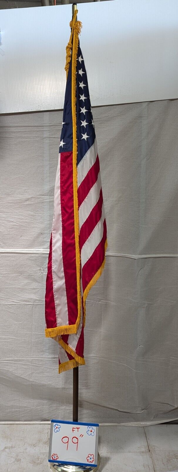 Vintage Indoor 3' x 5' American Flag With Gold Fringe and Wooden Flag Pole 99" H