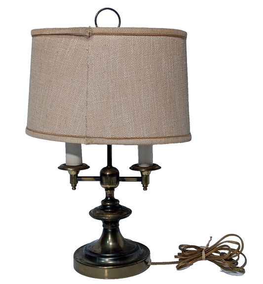Vintage 1970s Brassy Double Candlestick Table Desk Lamp, Linen Shade, 6" Base