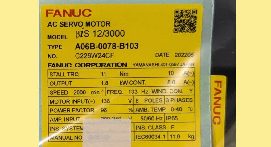 Fanuc A06B-0078-B103 AC Servo Motor, Model BiS 12/3000, IP65, b128ia Key