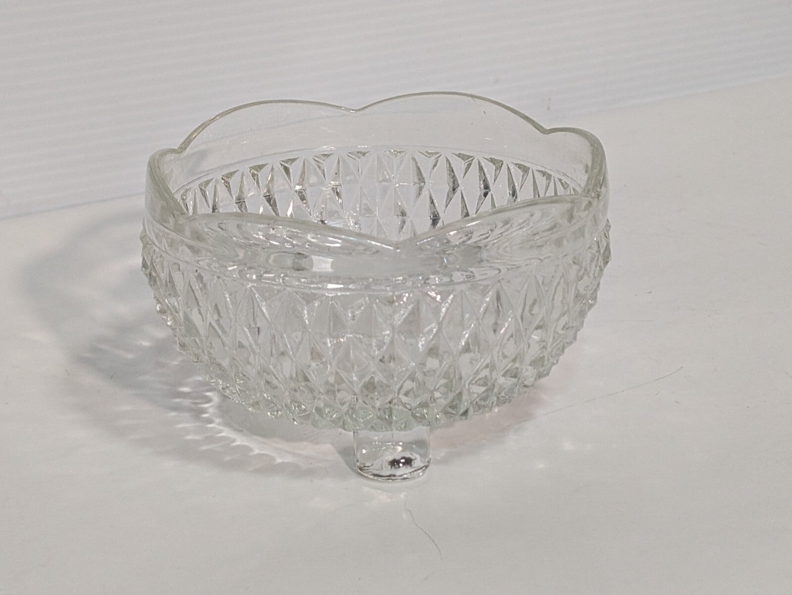 Vintage Indiana Glass Clear Diamond Point 3 Toed Candy Dish 5” x 3”