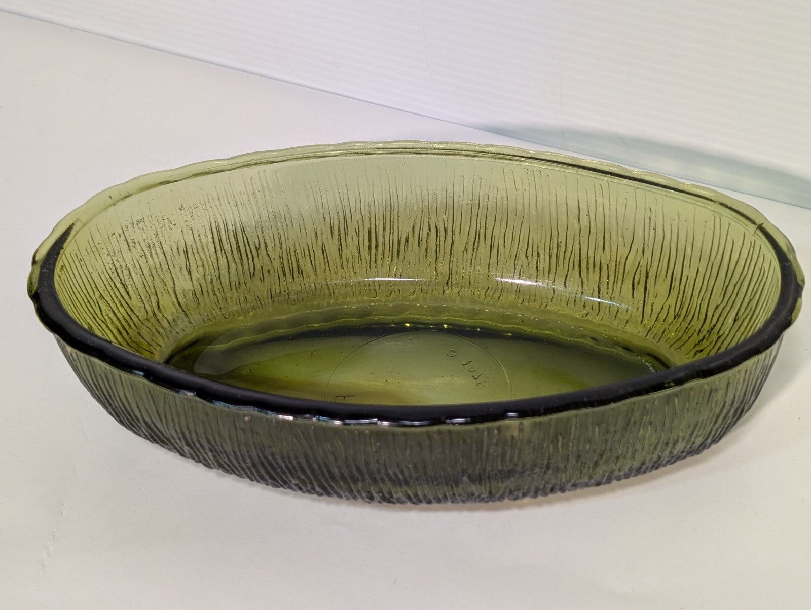 Vintage FTD 1975 Olive Green Oval Glass Dish With Bark Texture 9" Length