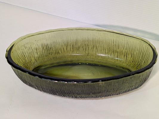 Vintage FTD 1975 Olive Green Oval Glass Dish With Bark Texture 9" Length