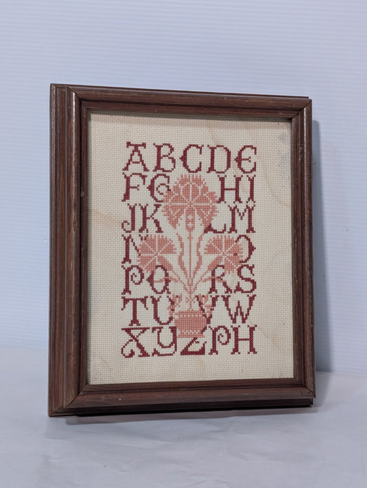 Vintage Framed Needlepoint Cross-Stitched Alphabet Quaker Sampler